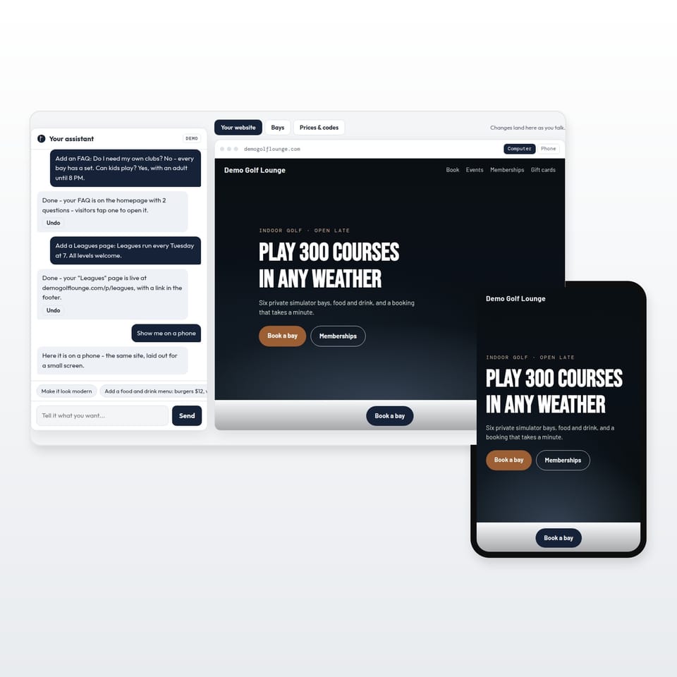 BA Core 2 AI: the assistant's chat beside the Demo Golf Lounge website it built, on a computer and on a phone. Demo screens with a made-up facility.