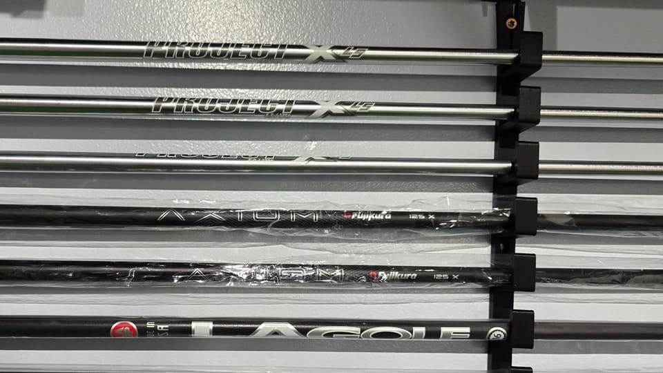 Shaft rack at the shop: Project X LS steel, Fujikura Axiom 125 X, LA Golf, and Fujikura Ventus TR 8-X and 7-X